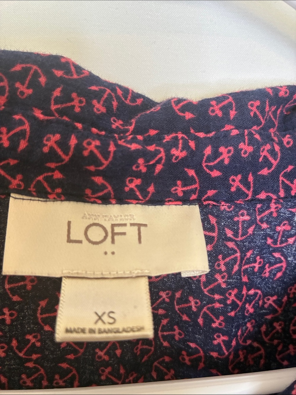 LOFT Navy Button-Up Shirt with Pink Micro Anchor Print - Picture 2 of 3